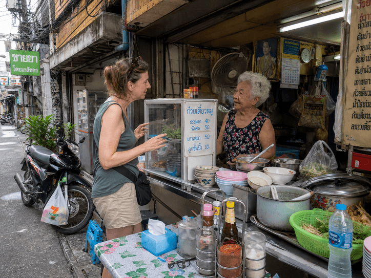 Scène de rue en Thaïlande, avec une personne qui commande à manger dans un petit restaurant local.